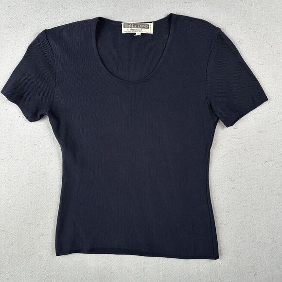 Worldly Things Styltricot‎ Knit Top Women’s 6 Navy Blue Short Sleeve Scoop Neck - Picture 1 of 16